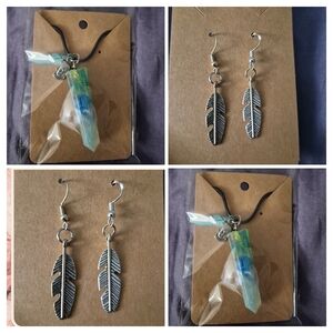 Silver Feather Earrings and Multicolor Pendant Set